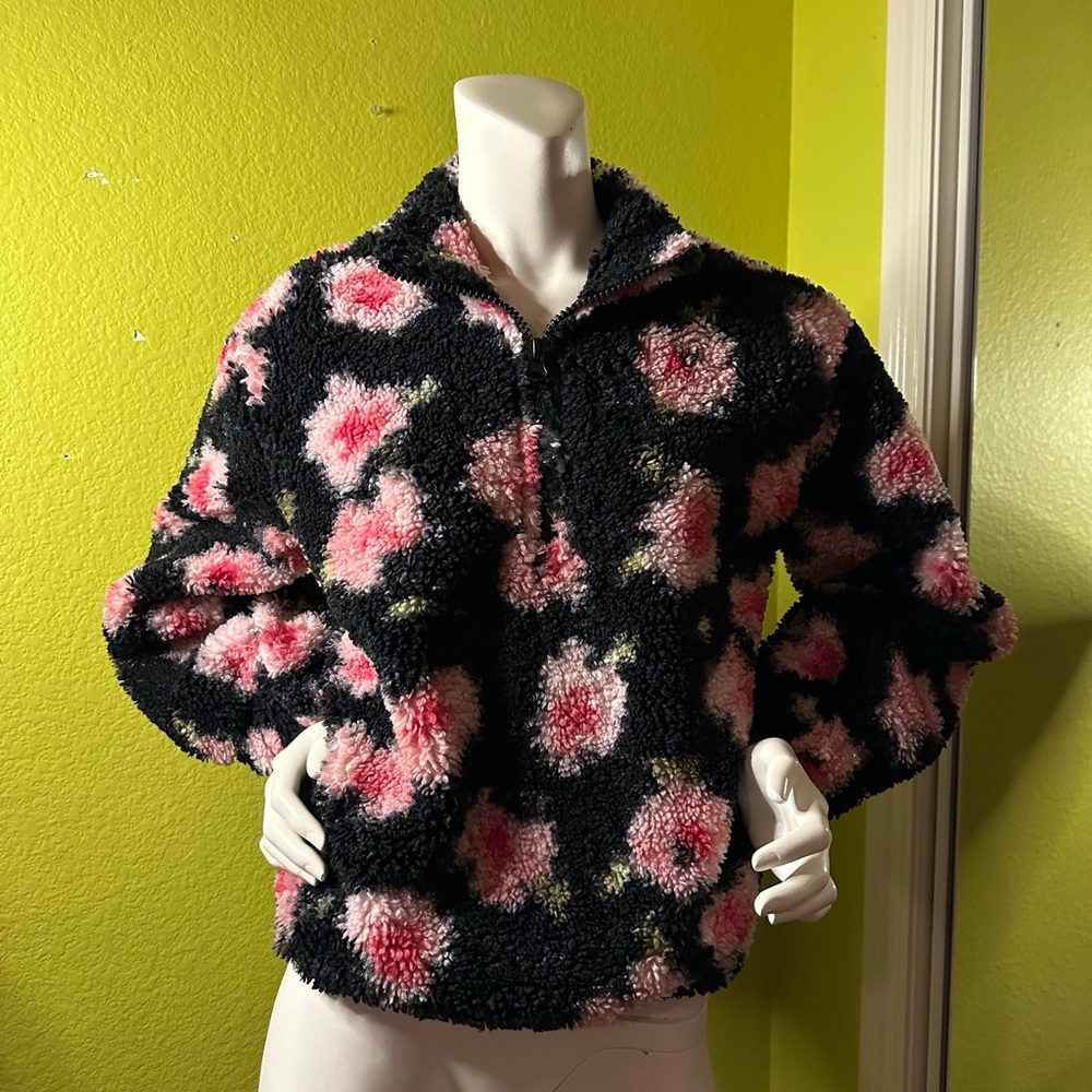 Sandy Liang x Target Pink/Black Floral Sherpa Half-Zipper Pullover